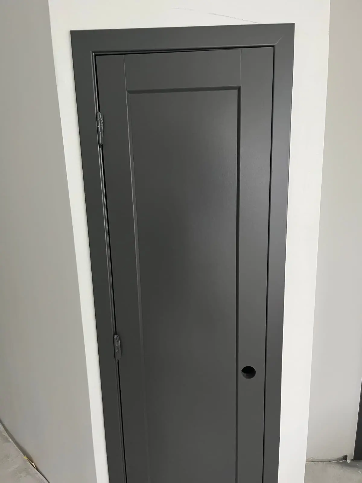 Commercial interior door finished in charcoal gray