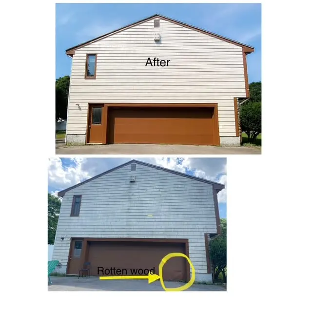 Exterior garage wood repair and painting before and after