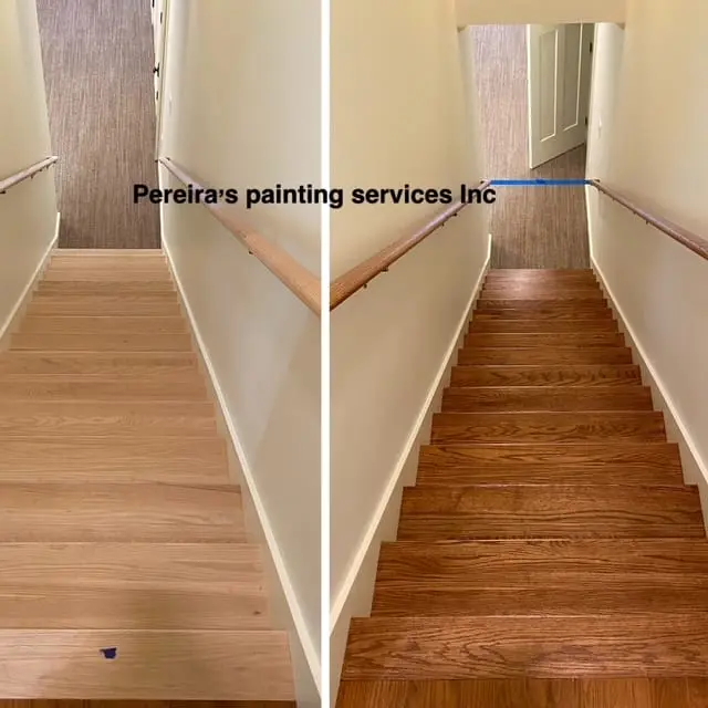 Residential staircase staining before and after
